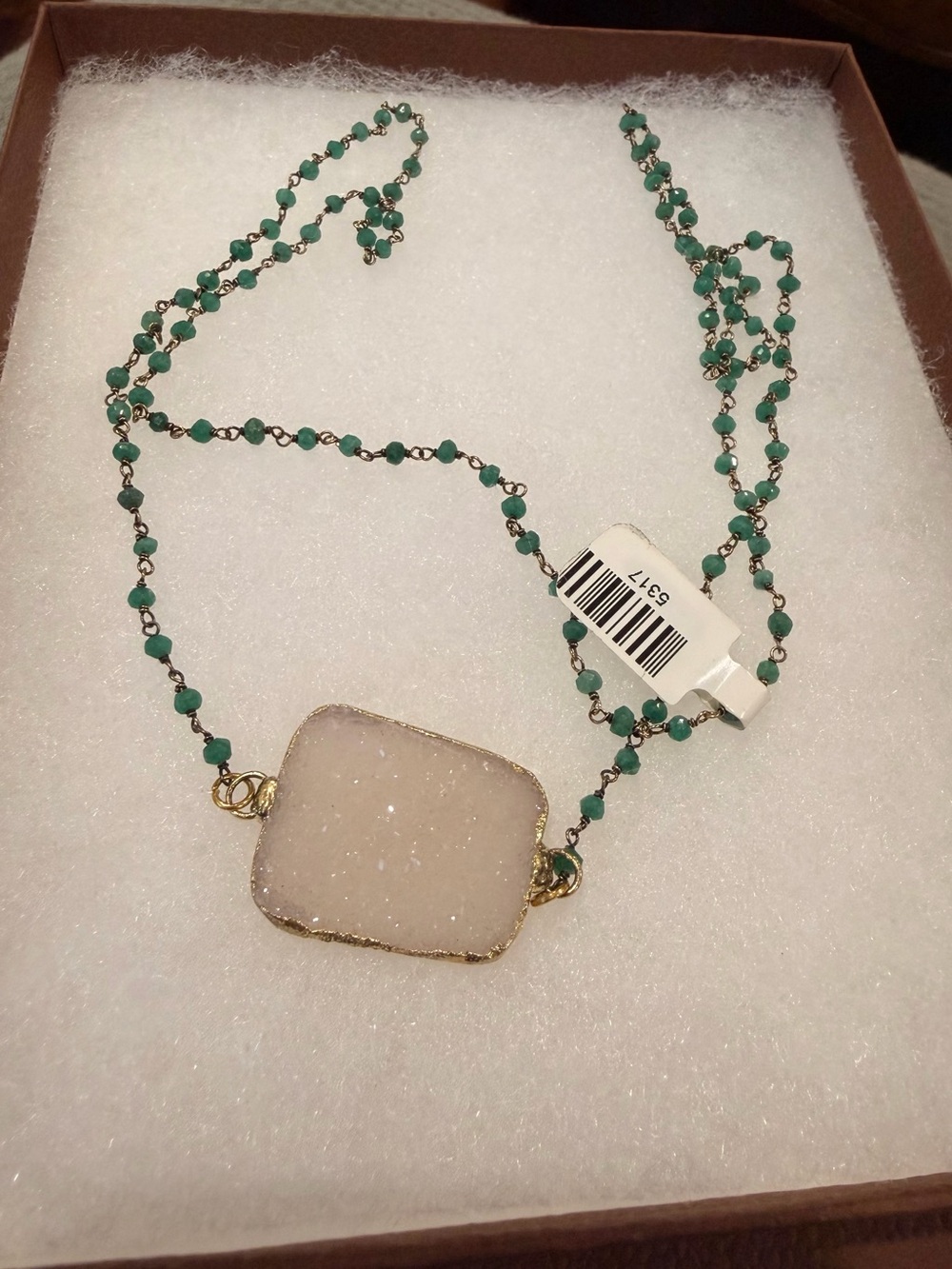 Gold-Trim White Druzy Pendant Necklace with Green Beaded Chain
